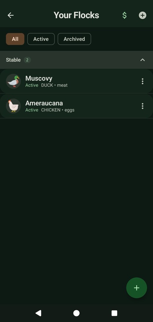 HatchBase mobile screen showing flock records and bird management.